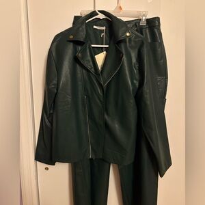 Peppermayo Dark Green Faux Leather Jacket and Pants Set